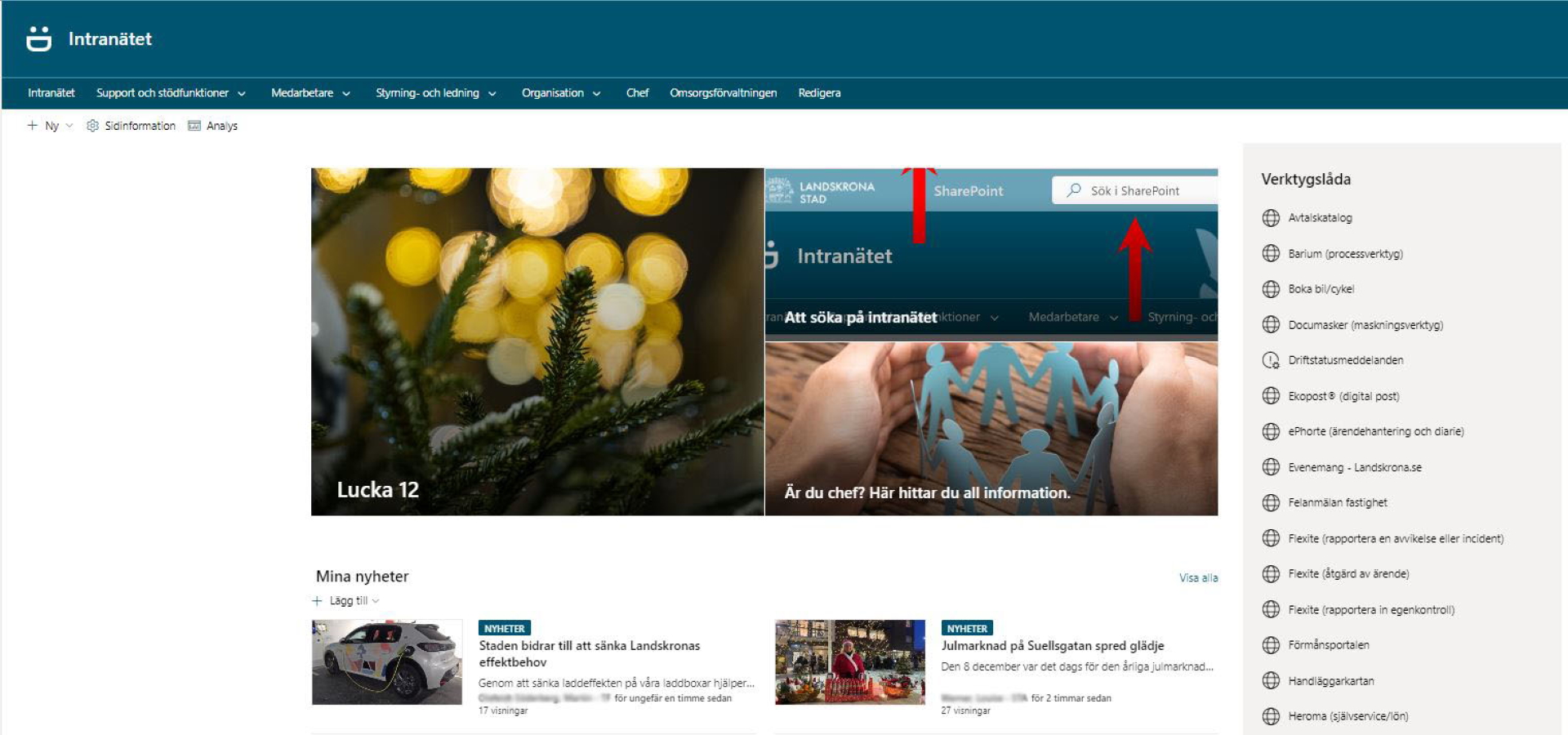 Startpage of Landskrona's intranet