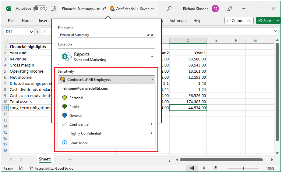Sensitivity labels in Excel
