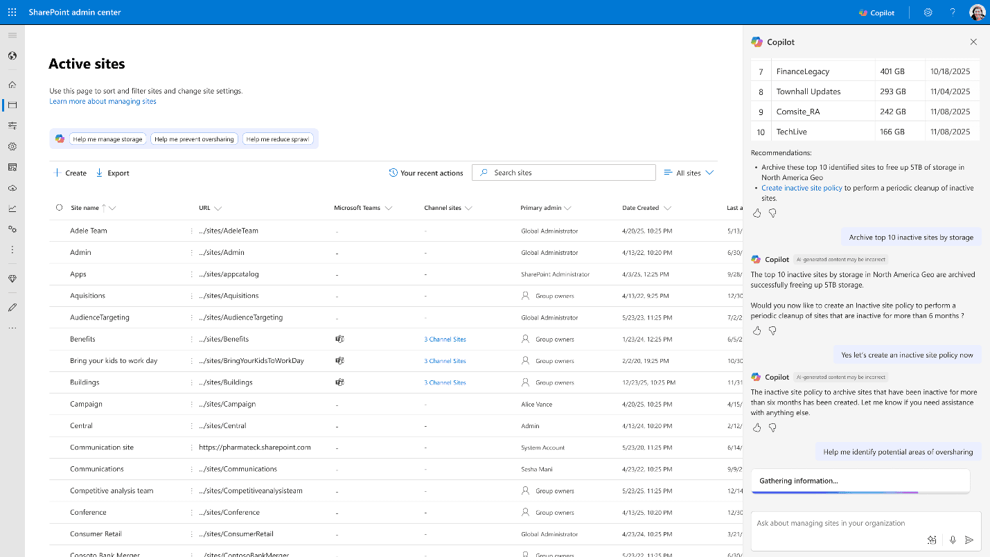 SharePoint Admin Agent experience in the SharePoint Admin Center