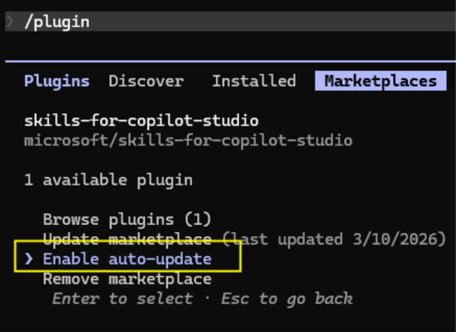 Claude Code plugin menu showing the auto update toggle enabled