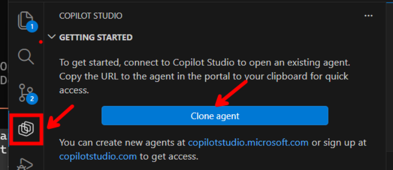 VS Code Explorer panel with the Copilot Studio Extension cloning an agent