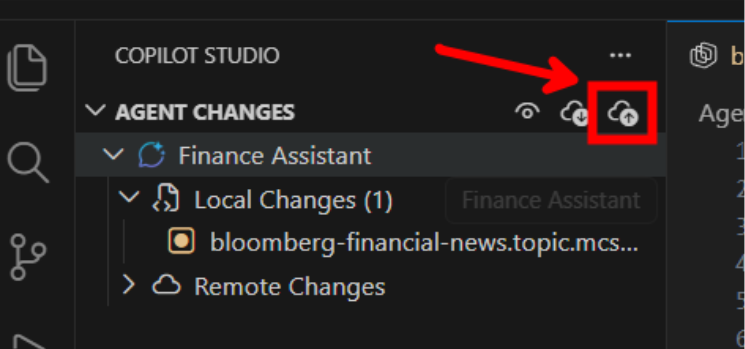 VS Code Explorer panel with the Copilot Studio Extension pushing changes