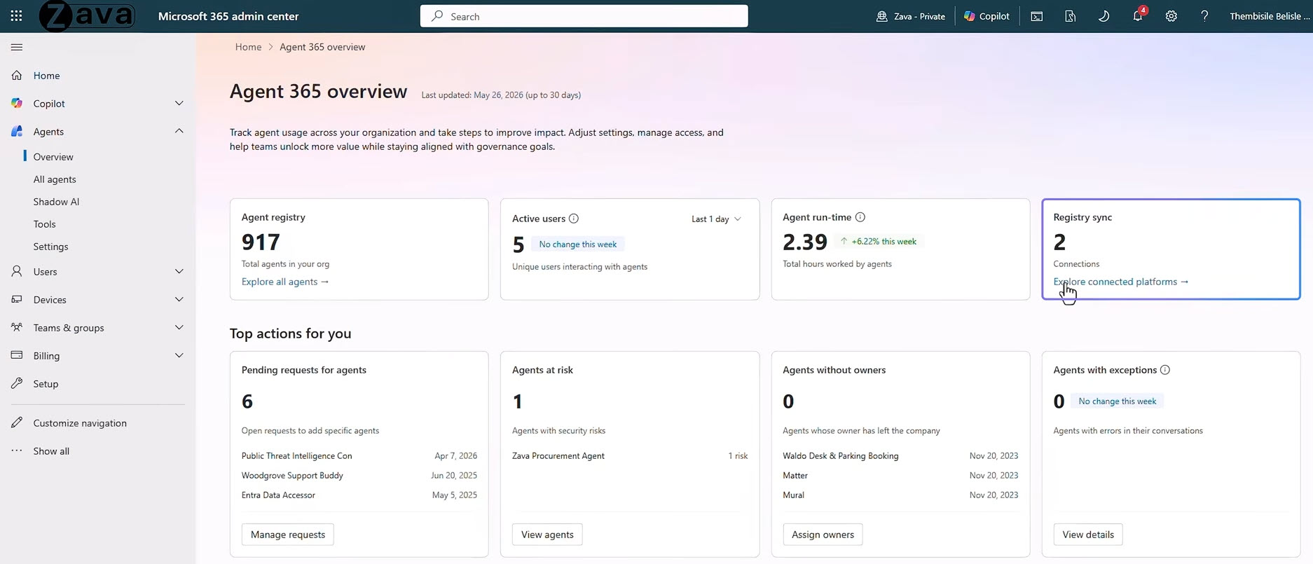 Registry sync card in Agent 365 overview